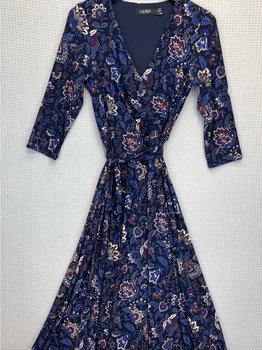 Lauren Ralph Lauren Dress Womens Sz 6 Surplice Sheath 3/4 Sleeve Blue Paisley